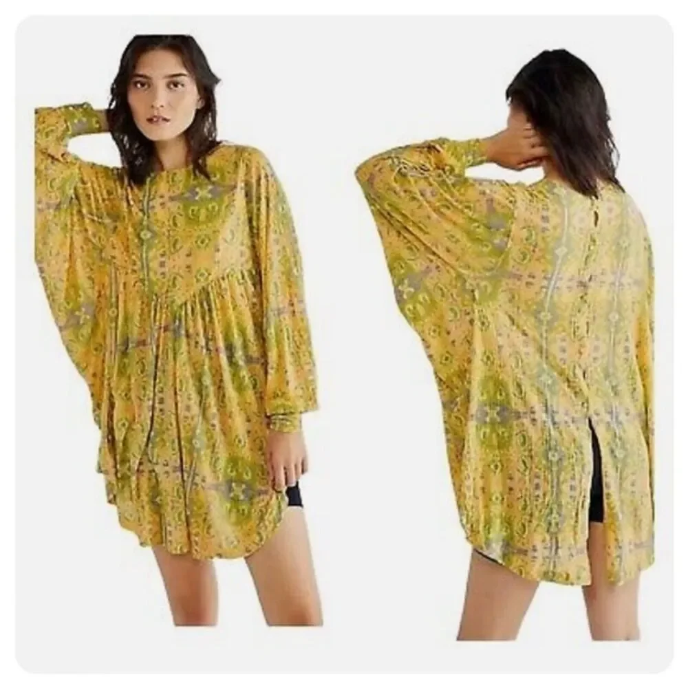 Free People Sz S Tunic Top Sun Faded Printed Billowy Kimono
